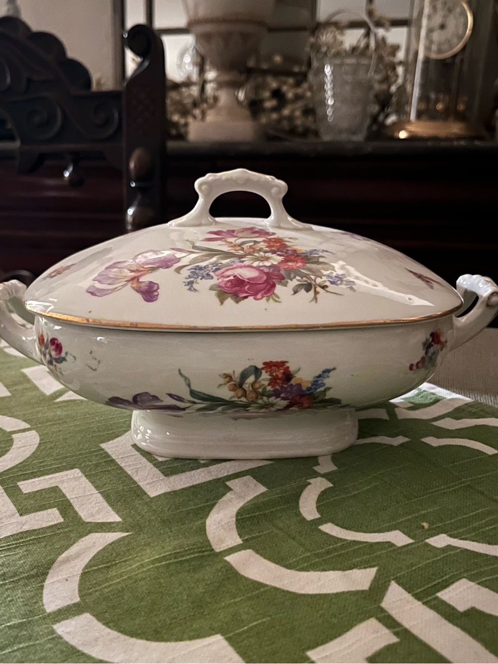 Porcelain Floral Covered Serving Tureen in White with Pink & Purple Flowers